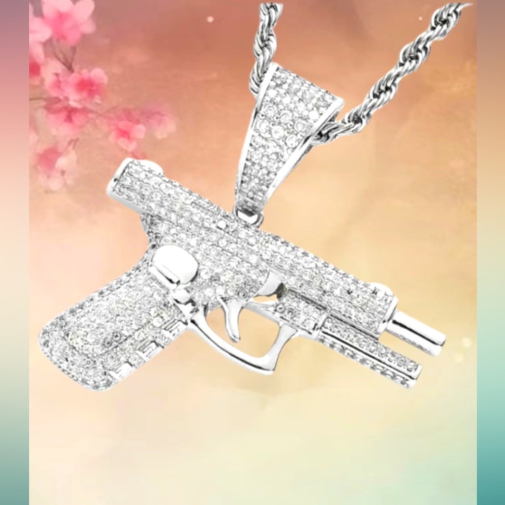 Silver Pistol Pendant Necklace with Cubic Zirconia - Women's Jewelry
